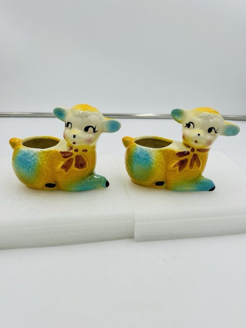 Shawnee Pottery Lamb Planters 1950s Blue Yellow White Hand Painted Vintage USA